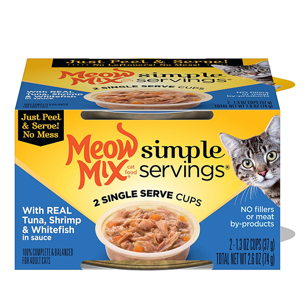 Meow Mix มีมีเลอ อาหารแมวเปียกรสปลาทูน่า, กุ้ง, และปลาขาวแท้  74ก.