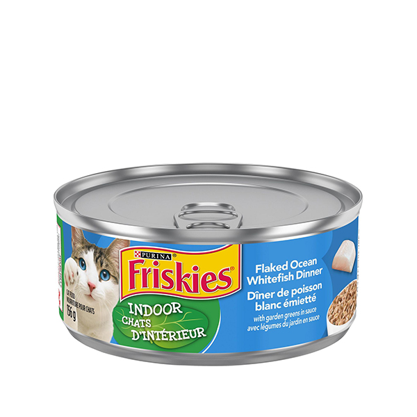 Friskies Indoor Flaked Ocean Whitefish Dinner with Garden Greens in Sauce  Wet Cat Food  156g 