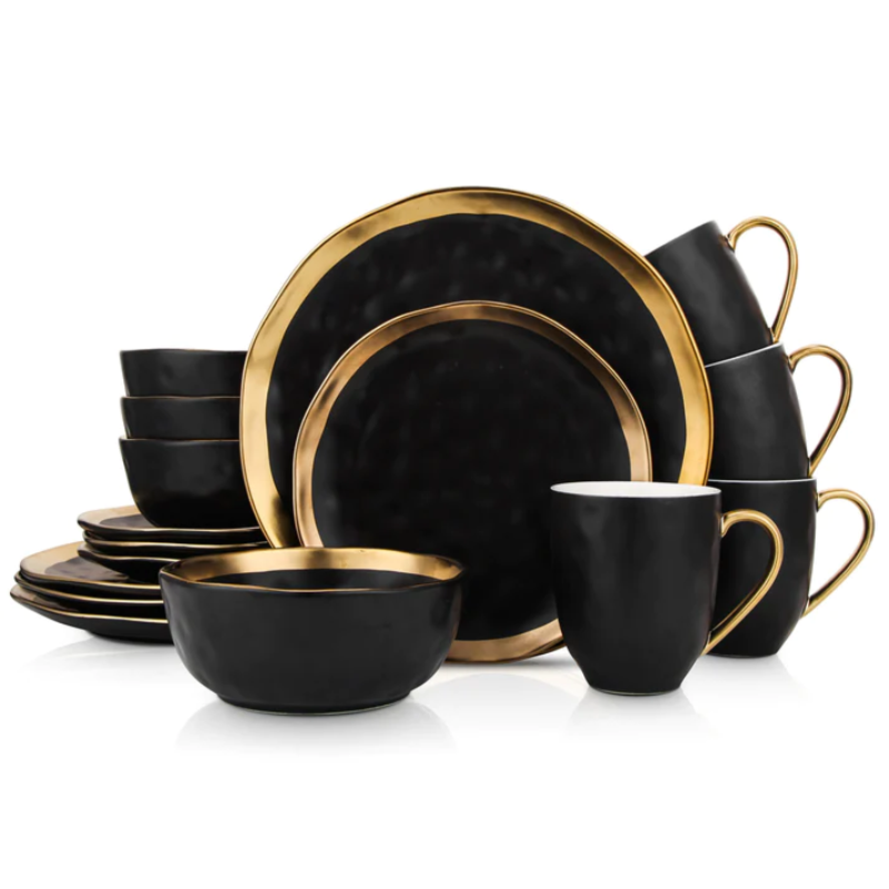 Stone + Lain Florian Porcelain Dinnerware Set Gold And Black 16pcs 