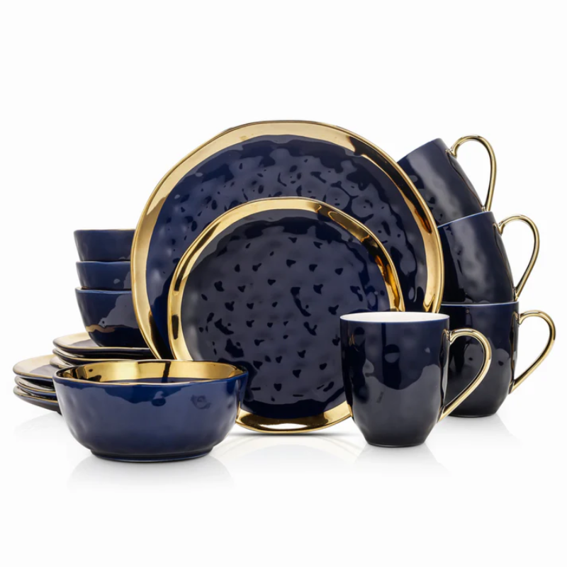 Porcelain Round Dinnerware Set, Gold And Navy Blue Dishwasher Safe 