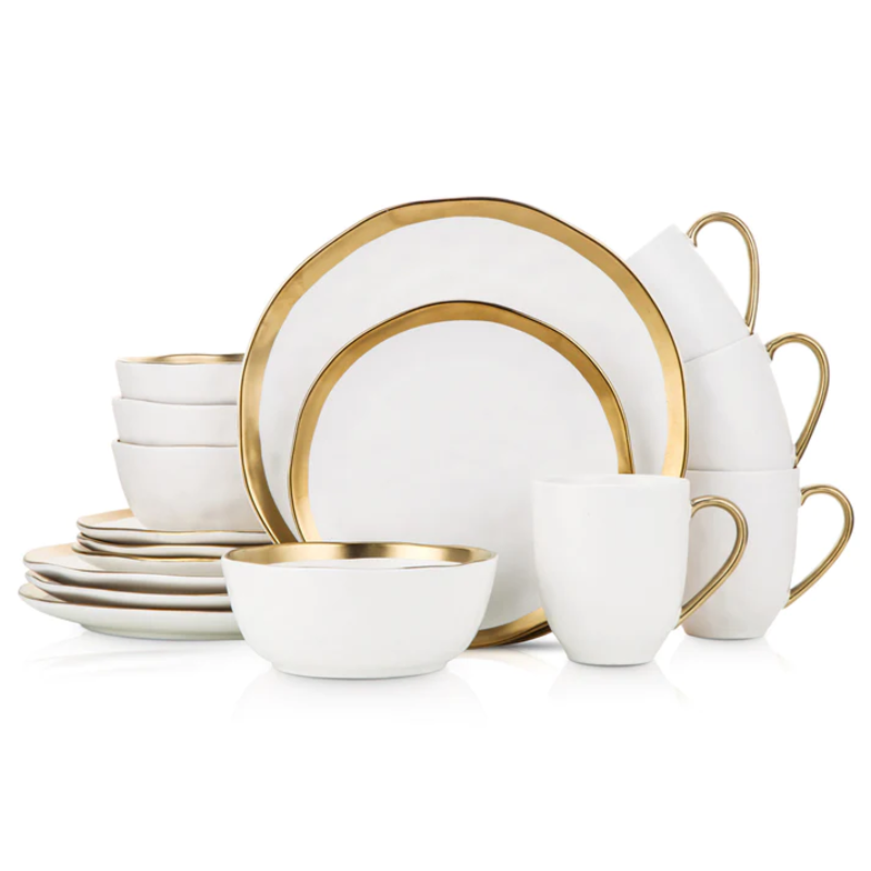 Stone + Lain Florian Porcelain Dinnerware Set Gold And White 16pcs 